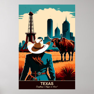 Póster Viajes en Texas: Afiche de viajes todo es más gran