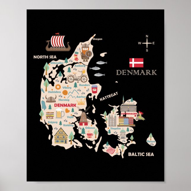 Póster Viajes Europa Dinamarca Mapa Copenhague Familia Da (Frente)