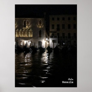 Póster Viajes   Italia - noche oscura de Venecia con gónd