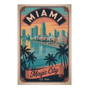 Póster Viajes Retro Ciudad Mágica Miami Florida