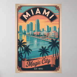 Póster Viajes Retro Ciudad Mágica Miami Florida Vintage