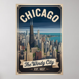 Póster Viajes Retro Ciudad Ventosa Chicago Illinois Vinta