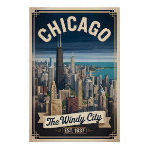 Póster Viajes Retro Ciudad Ventosa Chicago Illinois Vinta