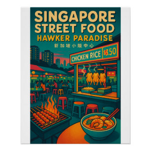 Póster viajes retro - comida callejera de Singapur