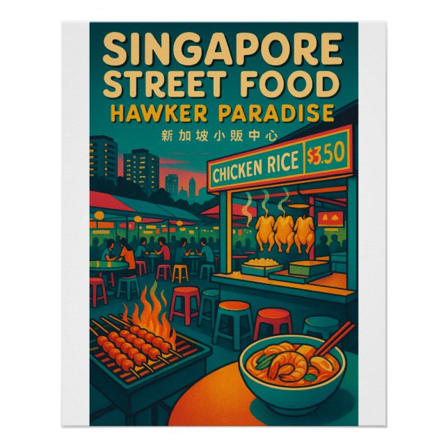 Póster viajes retro - comida callejera de Singapur (Anverso)