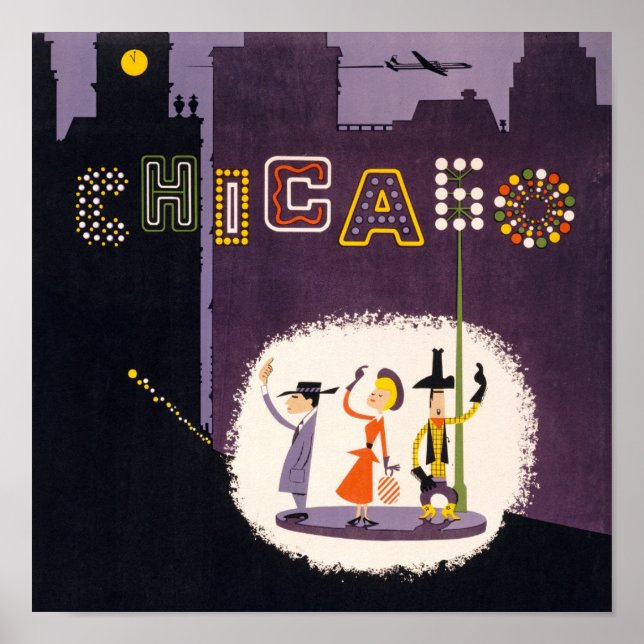Póster Viajes Retro de Chicago Illinois (Frente)