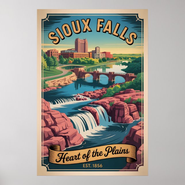 Póster Viajes Retro Sioux Falls Dakota del Sur (Frente)