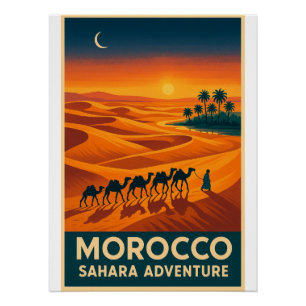 Póster Viajes retro - Sunset del desierto del Sahara, Mar