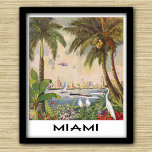Póster Viajes y turismo de Miami Florida<br><div class="desc">El ilustracion Vintage Miami, Florida, adaptado a una promoción de viajes y turismo de 1928, muestra una escena de los edificios de la ciudad a través del agua con cocoteros, plantas tropicales y pájaro. Los barcos y un avión representan posibilidades de viaje de la época. El nombre Miami se ha...</div>
