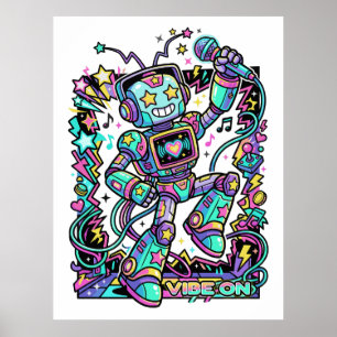 Póster VIBE ON Neon Robot DJ – Mascota Colorida de Música