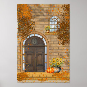 Póster Vibes otoño de puerta delantera y hojas de otoño