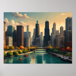 Póster Vibes retro de Chicago: paisaje urbano clásico