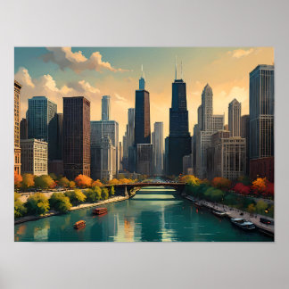Póster Vibes retro de Chicago: paisaje urbano clásico