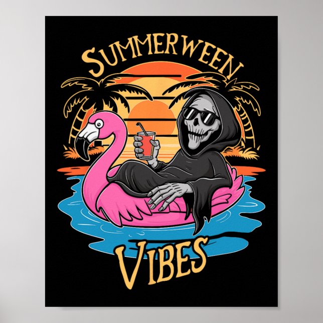 Póster Vibes Skeleton Flamingo Spooky Halloween Summer (Frente)