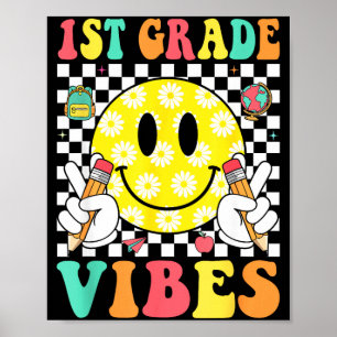 Póster vibraciones de 1er grado cara sonriente retro prof