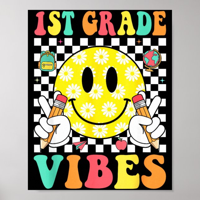 Póster vibraciones de 1er grado cara sonriente retro prof (Frente)