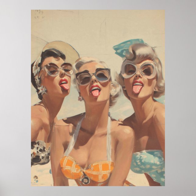 Póster Vibraciones Retro de Pin-Up de Playa (Frente)