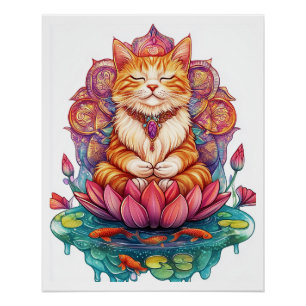 Póster Vibraciones Zen de Gato � Gatito Meditando Psicodé