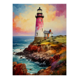 Póster Vibrant Breton Coast Lighthouse - Impressionistic 