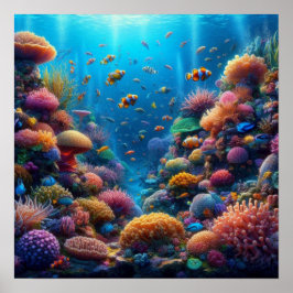Póster Vibrant Coral Reef with Vivid Clownfish