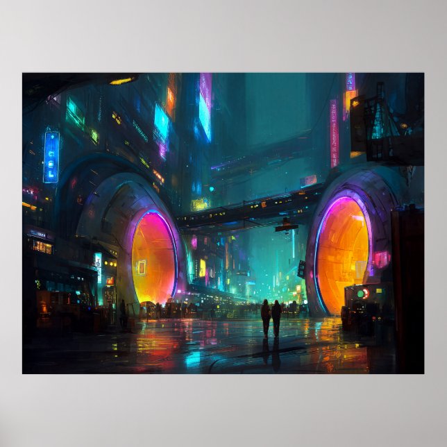 Póster Vibrant Cyberpunk Cityscape with Arches (Frente)