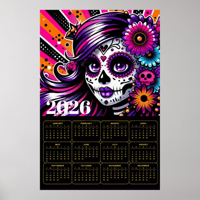 Póster Vibrant Día de los Muertos Sugar Skull Art  (Frente)
