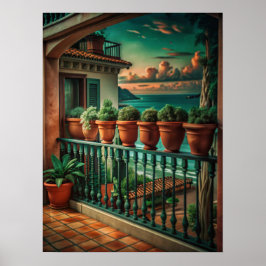 Póster Vibrant Mediterranean Balcony Sea View Art