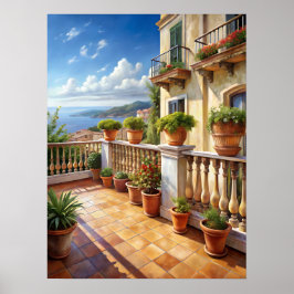 Póster Vibrant Mediterranean Balcony Sea View Art