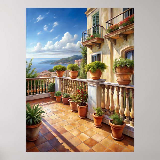 Póster Vibrant Mediterranean Balcony Sea View Art (Frente)