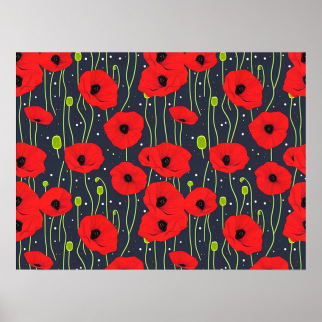 Póster Vibrant Modern Red Poppies Pattern Art (Frente)