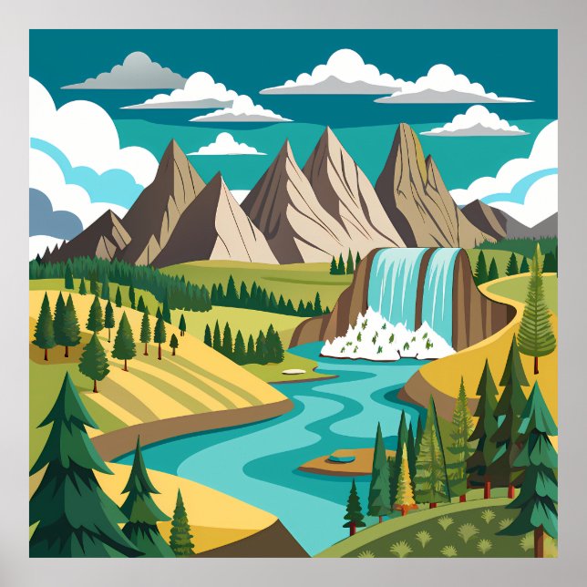 Póster Vibrant Mountain Landscape with Waterfall and Rive (Frente)