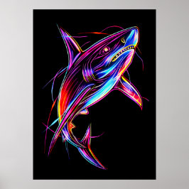 Póster Vibrant Neon Shark Modern Digital Ocean