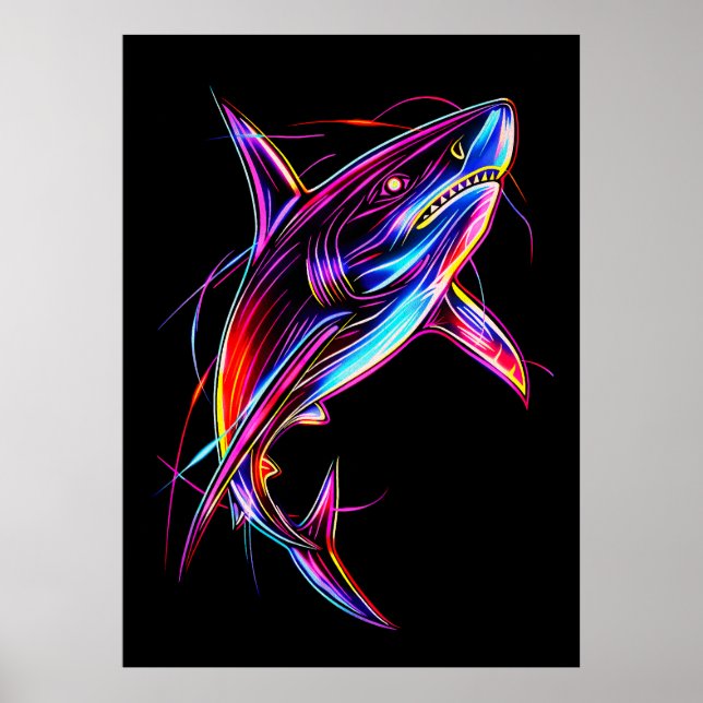 Póster Vibrant Neon Shark Modern Digital Ocean (Frente)