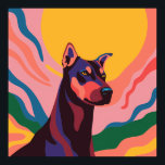 Póster Vibrant Pop Art Doberman Portrait<br><div class="desc">This is a vibrant pop art style digital illustration of a Doberman Pinscher's portrait. The dog is depicted with bold, flat areas of color in shades of black, blue, purple, and red, creating a striking and modern aesthetic. Its eyes are yellow, and it has a focused, alert expression. The Doberman...</div>