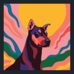 Póster Vibrant Pop Art Doberman Portrait<br><div class="desc">This is a vibrant pop art style digital illustration of a Doberman Pinscher's portrait. The dog is depicted with bold, flat areas of color in shades of black, blue, purple, and red, creating a striking and modern aesthetic. Its eyes are yellow, and it has a focused, alert expression. The Doberman...</div>