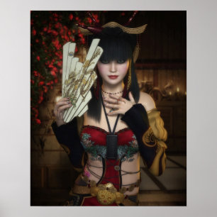 Póster Vibrant Poster of Lady Under Blossoms with Fan