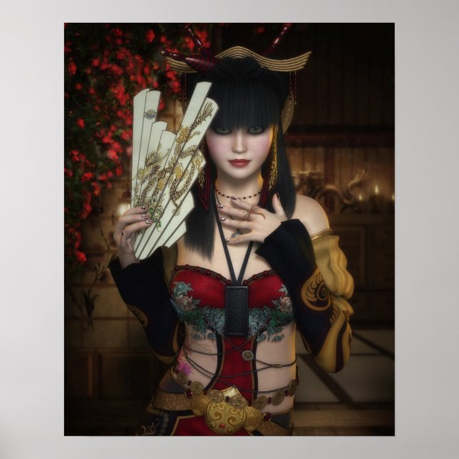 Póster Vibrant Poster of Lady Under Blossoms with Fan (Frente)