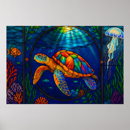 Póster Vibrant Stained Glass Sea Turtle Ocean Design