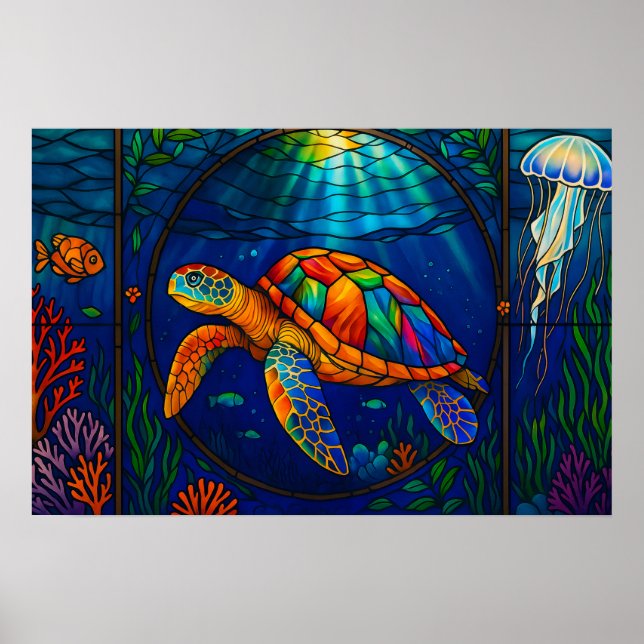Póster Vibrant Stained Glass Sea Turtle Ocean Design (Frente)