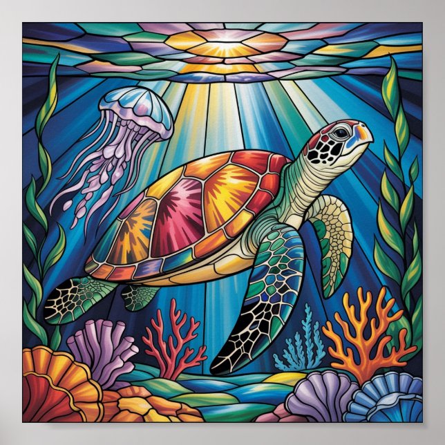 Póster Vibrant Stained Glass Sea Turtle Ocean Design (Frente)