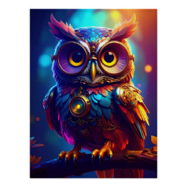 Póster Vibrant Steampunk Owl with Goggles and Intricate