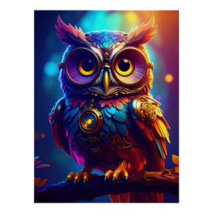 Póster Vibrant Steampunk Owl with Goggles and Intricate