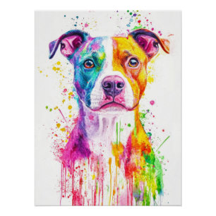 Póster Vibrant Watercolor Pitbull Artistic Canine Portr