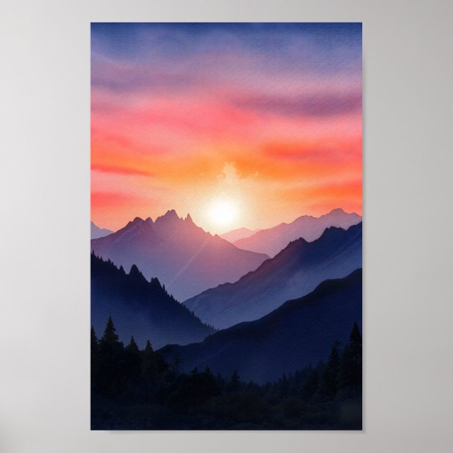 Póster Vibrante acuarela Montaña Sunset Pintura (Frente)