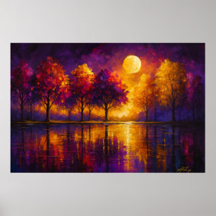 Póster Vibrante Amanecer Lunar Sobre Árboles Coloridos Ab