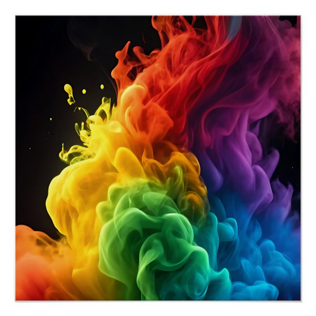 Póster Vibrante arcoiris tinta humo nube fondo negro (Anverso)