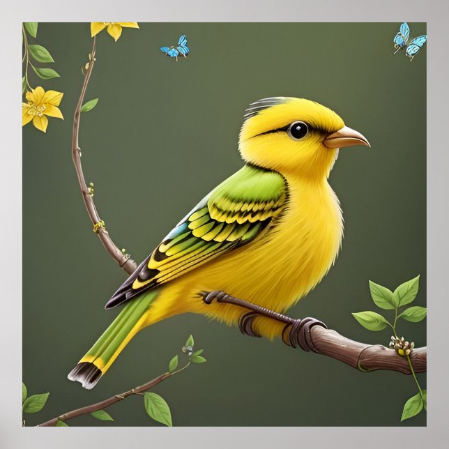 Póster Vibrante ave amarilla en rama (Frente)