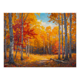Póster Vibrante bosque otoñal con hojas de Naranja y crim