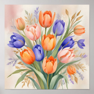 Póster Vibrante Bouquet Primavera - Tulipanes en pleno fl