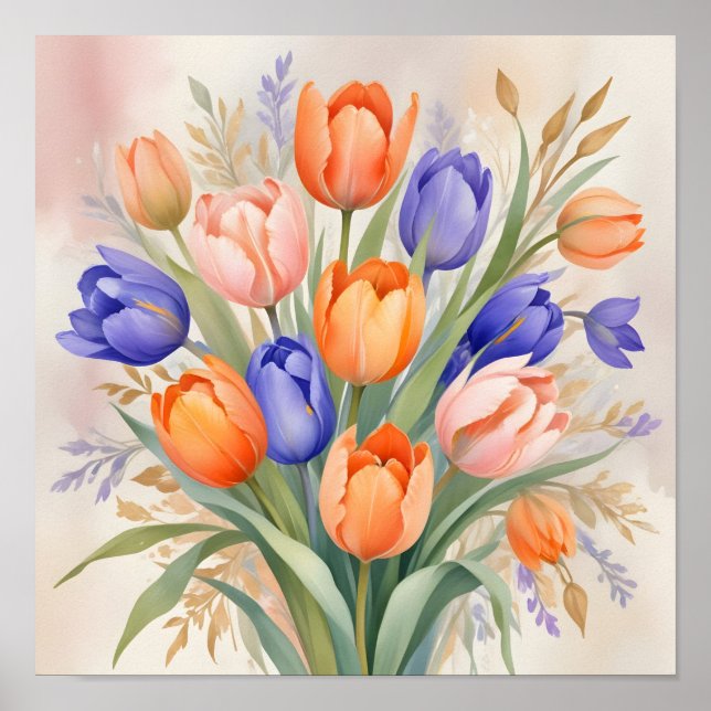 Póster Vibrante Bouquet Primavera - Tulipanes en pleno fl (Frente)